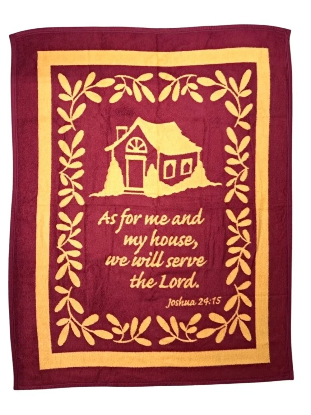 Vintage Biederlack Religious Throw Blanket Joshua 24:15 Bible Lord Burgundy Gold